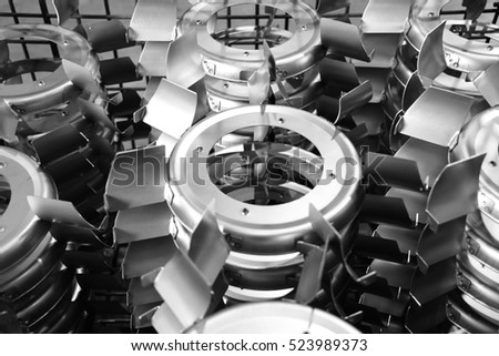Blower Parts Produced by Sheet Metal Stamping Tool Die, Welded and assembled. Black-and-white photo.
