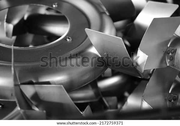 Blower Parts Produced\
by Sheet Metal Stamping Tool Die, Welded and assembled.\
Black-and-white photo.