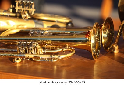 Blowing Brass Wind Instrument On Table