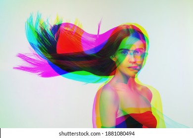 Blowing. Multiple portrait with glitch duotone effect. Multiple exposure, abstract fashionable beauty photo. Young beautiful female model posing. Youth culture, composite image, fashionable people.