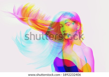 Blowing. Multiple portrait with glitch duotone effect. Multiple exposure, abstract fashionable beauty photo. Young beautiful female model posing. Youth culture, composite image, fashionable people.