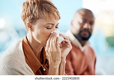 Blowing Nose, Flu And Sick Black Woman, Allergy Symptoms And Covid 19 Risk, Tissue And Sneeze With Husband At Home. Lady With Health Problems, Winter Allergies And Corona Virus Bacteria In Pandemic