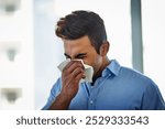 Blowing, nose and sick business man in office with flu virus, allergies and health problem at workplace. Professional, ill employee and sneeze in tissue for medical disease, sinusitis and hayfever