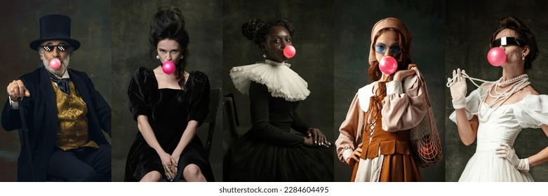 Blowing pink bubble gums. Medieval people as a royalty persons in vintage clothing on dark background. Concept of comparison of eras, modernity and renaissance, baroque style. Creative collage. Flyer - Powered by Shutterstock