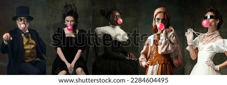 Blowing pink bubble gums. Medieval people as a royalty persons in vintage clothing on dark background. Concept of comparison of eras, modernity and renaissance, baroque style. Creative collage. Flyer