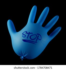 Blown Up Blue Latex Surgical Glove Isolated On Black Background, Clipping Path