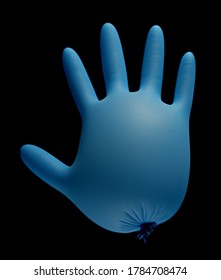 Blown Up Blue Latex Surgical Glove Isolated On Black Background, Clipping Path