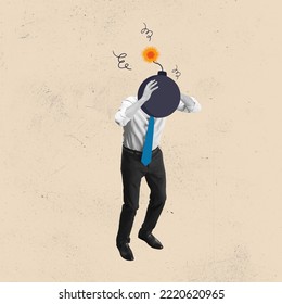 Blown His Mind. Failed And Stressed Businessman Is Tired To Work. Businessman Feeling Stress With Emotional Expression. Contemporary Art Collage. Motivated Worker. Concept Of Business