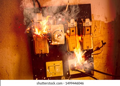 Blown Short Circuit Electricity Breaker,  Fuse Box Damaged From High Voltage Overload, Old Bad Installation Condition Over Heat Fuses Home Danger From Fire Burn