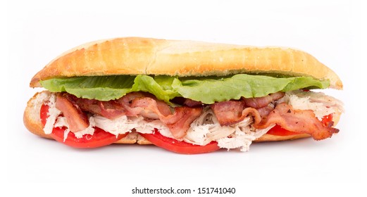 BLT Chicken Sub Sandwich Over White Background