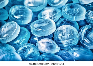 Blue Abstract Background Or Texture Of Sweets And Menthol Candies.