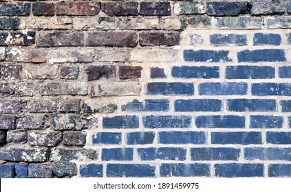 Blue Abstract Old Distressed Brick Wall. Decay Urban Texture Brick Material. Grungy Isolated Brickwork Surface. Concrete Plaster Cement Mortar.