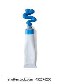 Blue acrylic paint tube with smear, isolated on a white background