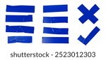 Blue adhesive sticky tapes set in various shape isolated cutout in white background.