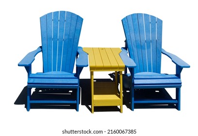 Blue Adirondack Chairs And Yellow Table. Isolated.