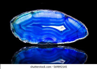 Blue Agate Slice, Black Background, Healing Stone And Mineral, Reflections