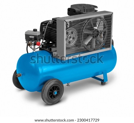 Blue air compressor isolated in white back with shadow