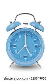 Blue Alarm Clock With The Hands At 5 Am Or Pm Isolated On A White Background, One Of A Set Of 12 Images Showing The Top Of The Hour Starting With 1 Am / Pm And Going Through All 12 Hours