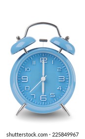 Blue Alarm Clock With The Hands At 6 Am Or Pm Isolated On A White Background, One Of A Set Of 12 Images Showing The Top Of The Hour Starting With 1 Am / Pm And Going Through All 12 Hours