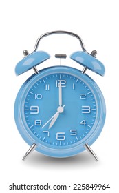 Blue alarm clock with the hands at 7 am or pm isolated on a white background, One of a set of 12 images showing the top of the hour starting with 1 am / pm and going through all 12 hours