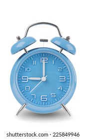 Blue Alarm Clock With The Hands At 9 Am Or Pm Isolated On A White Background, One Of A Set Of 12 Images Showing The Top Of The Hour Starting With 1 Am / Pm And Going Through All 12 Hours