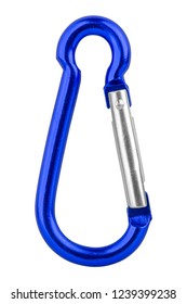Blue aluminium alloy carabiner for camping and outdoor activities. Use it to clip objects together. Isolated on white background, clipping path included.
