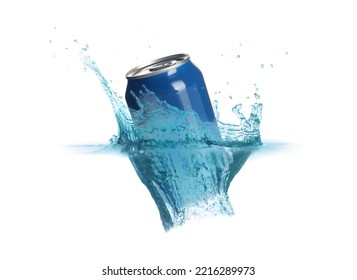 Blue Aluminum Can With Splash Of Water On White Background