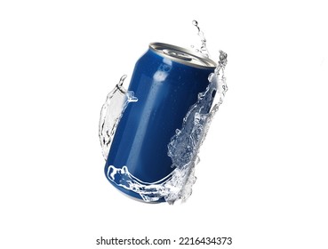 Blue Aluminum Can With Splash Of Water On White Background