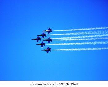 Blue Angels Leaving Jet Streams Across The Summer Sky In Seattle
