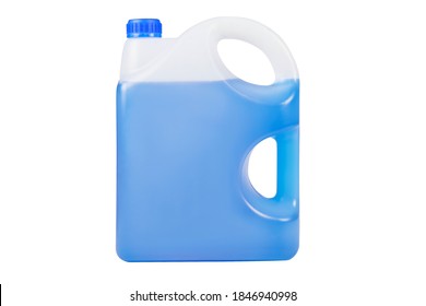 Blue antifreeze in a 5-liter canister. Non-freezing cleaning liquid. There are places for a label. Frontal view.