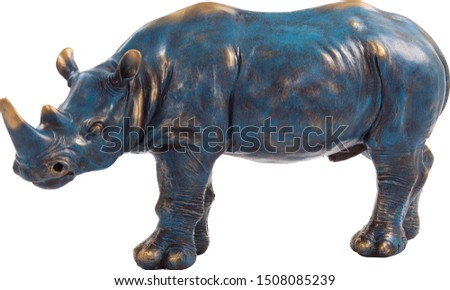 Blue antique figurine of the rhinoceros isolated on white background