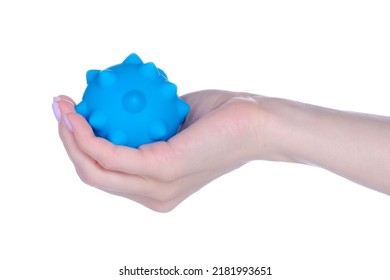 Blue Baby Sensory Ball In Hand On A White Background Isolation