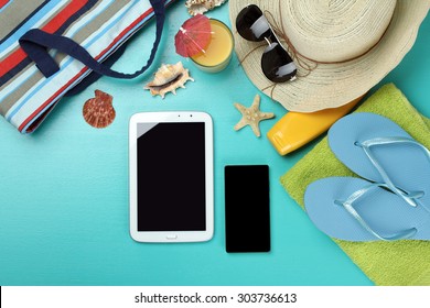 Blue Background, Beach Bag, Drink, Hat Sunglasses, Sunscreen, Phone, Pad