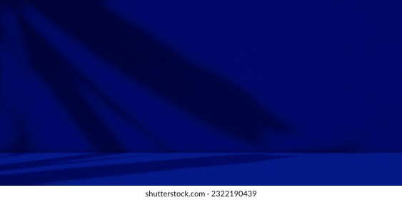 青の背景、壁のスタジオの部屋のテーブル製品の上に暗い影の葉、テクスチャー内部背景に黒いエレガントな光、抽象的なオーバーレイキッチン最小3Dテンプレートディスプレイロフトぼかしセメント大理石。の写真素材