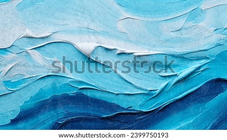 Blue background with oil paint. Beautiful close up brushstrokes.Detail of artistic abstract oil painted background.