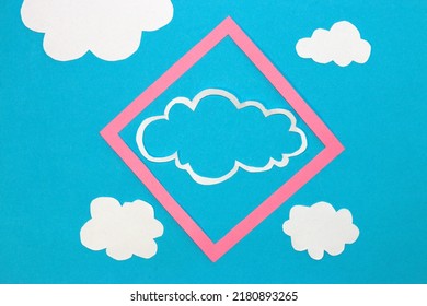 Blue Background With A Pink Frame In Which There Is A Cloud As Copy Space, Around The Frame More Clouds, Creative Art Modern Design, Clean Air Day, Blue Sky, Minimal Concept