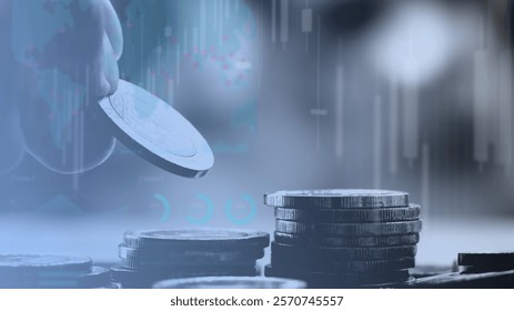 Blue background with a soft gradient, featuring a blurred texture. The background includes abstract financial graphics and coins. Finance and money background, gray mood. Economy and money backdrop.
