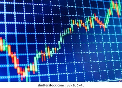 Blue Background With Stock Chart. Candle Stick Graph Chart Of Stock Market Investment Trading. Share Price Quotes. Stock Diagram On The Screen. Tools Of Technical Analysis. 