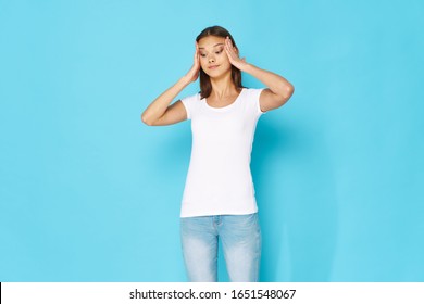 Blue Background White Shirt Jeans Beautiful Stock Photo 1651548067