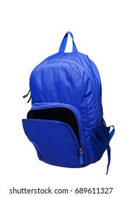 Blue Backpack Isolated On White Background, Open Pocket