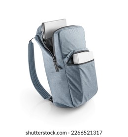 Blue backpack with a laptop and a book in open pockets or compartments. Stylish backpack for everyday use. - Shutterstock ID 2266521317
