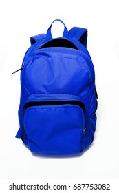 Blue Backpack Open On Isolated On White Background