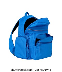 Blue backpack opened isolated on white.School bag advertisement design. Knapsack, rucksack,travel bag.Touristic items.Single object.