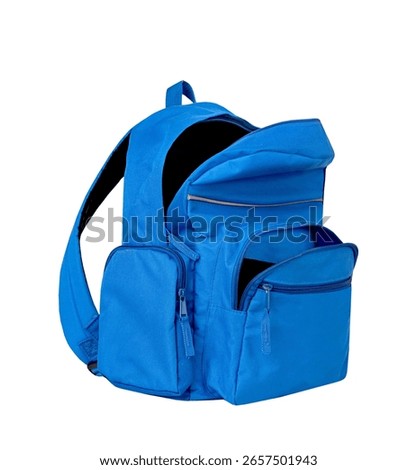 Blue backpack opened isolated on white.School bag advertisement design. Knapsack, rucksack,travel bag.Touristic items.Single object.