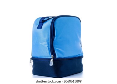 Blue Bag. Camping Freezer, Cooler Box For Cold Lunch Food Isolated On White Background. Blue Bag For Travel, Picnic