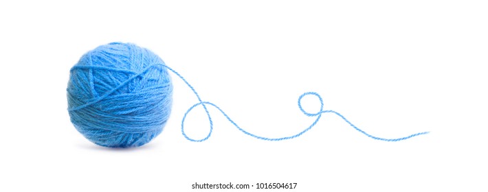 Blue Ball Of Threads Wool Yarn Isolated On White Background