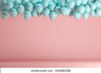 Blue balloons floating in pink pastel background room studio. minimal idea creative concept.