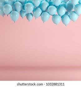 Blue Balloons Floating In Pink Pastel Background Room Studio. Minimal Idea Creative Concept.