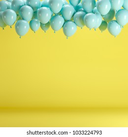 Blue balloons floating in yellow pastel background room studio. minimal idea creative concept. - Shutterstock ID 1033224793