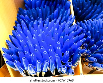 Blue ballpoint pens in pencil case
